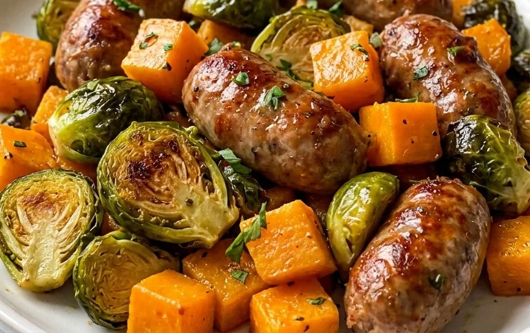 Autumn Sausage Dinner with Roasted Veggies (Butternut Squash and Brussels Sprouts)
