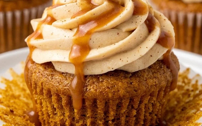 Pumpkin Cupcakes with Caramel Cream Cheese Frosting
